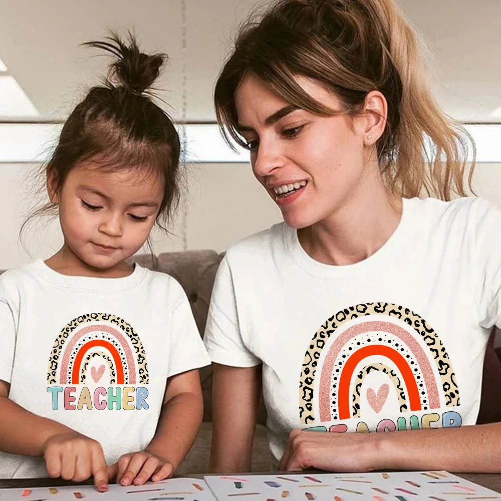Teacher Mother Kids T-shirt Rainbow Aesthetic Print Summer Family Matching Clothes Cartoon Cute Mom and Daughter Tops Shirt Set
Teacher Mother Kids T-shirt Rainbow Aesthetic Print Summer Family Matching Clothes Cartoon Cute Mom and Daughter Tops Shirt Set