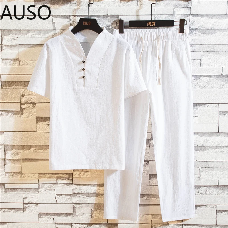 New Arrival Men's Cotton and Linen Short Sleeve T-shirt+Ankle Length Pant Set Solid Shirt+Trousers Home Suits Male Size M-5XL
New Arrival Men's Cotton and Linen Short Sleeve T-shirt+Ankle Length Pant Set Solid Shirt+Trousers Home Suits Male Size M-5XL