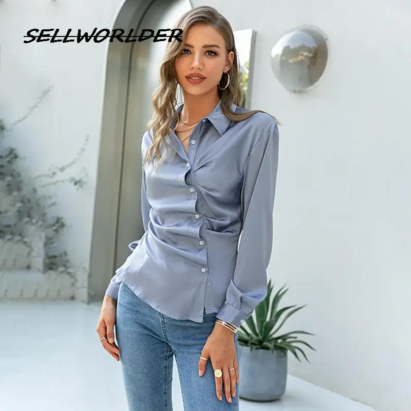 Women shirts Short Lapel female top Office Lady Irregular Oleated shirt Spring Autumn Skinny Ruched long Sleeved Blouse
Women shirts Short Lapel female top Office Lady Irregular Oleated shirt Spring Autumn Skinny Ruched long Sleeved Blouse