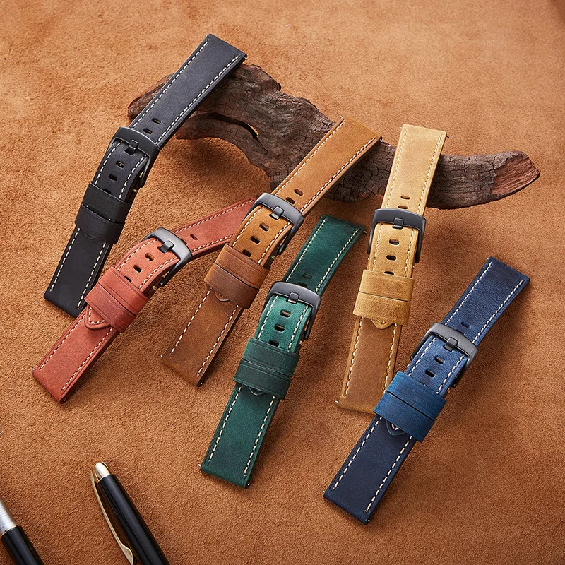 

Vintage Crazy Horse Genuine Leather Watch Band 20mm 22mm 24mm Calfskin Straps Watchbands Brown Black Green Blue Bracelet Belt