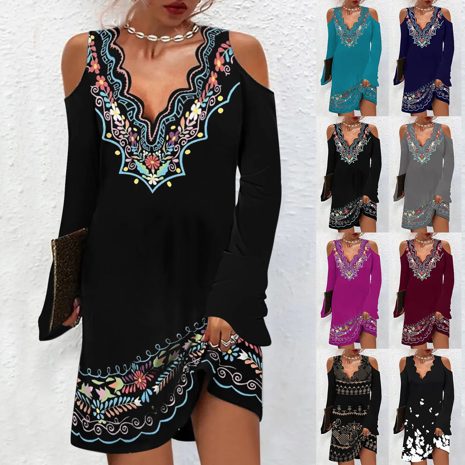 Women's 202 Autumn New Ethnic Vintage Dresses Print Wave V-Neck Off-Shoulder Flared Long Sleeve Dress
Women's 202 Autumn New Ethnic Vintage Dresses Print Wave V-Neck Off-Shoulder Flared Long Sleeve Dress