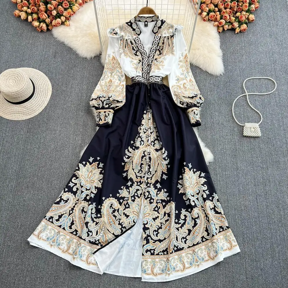 High-quality light luxury retro palace style V-neck printed high-waisted slim long-sleeved dress elegant a-line long dress
High-quality light luxury retro palace style V-neck printed high-waisted slim long-sleeved dress elegant a-line long dress