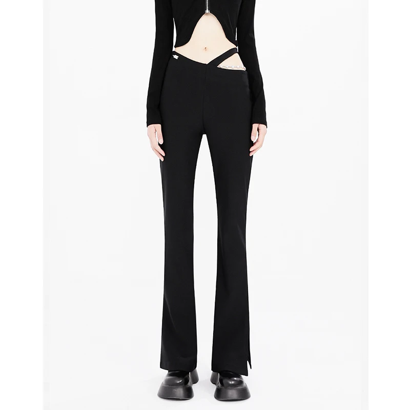 Black Vintage Casual Horseshoe Pants High Waist Hollow Out Baggy Straight Pants Fashion Split Wide Leg Trousers Ladies Summer 
Black Vintage Casual Horseshoe Pants High Waist Hollow Out Baggy Straight Pants Fashion Split Wide Leg Trousers Ladies Summer