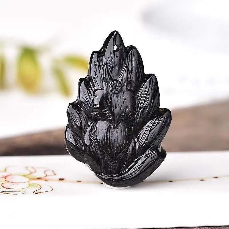 

Natural Black Obsidian Hand-carved Nine-tailed Fox Jade Pendant Fashion Boutique Jewelry Men and Women's Fox Necklace Gift
