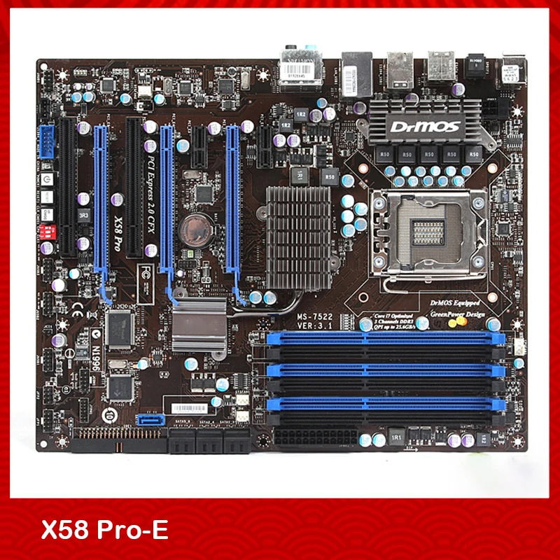 

Оригинальная настольная материнская плата для Msi X58 Pro-E MS-7522 LGA 1366 DDR3 24 ГБ V: 3,1 SATA2 USB2.0 3 × PCI-E X16 ATX полностью протестирована