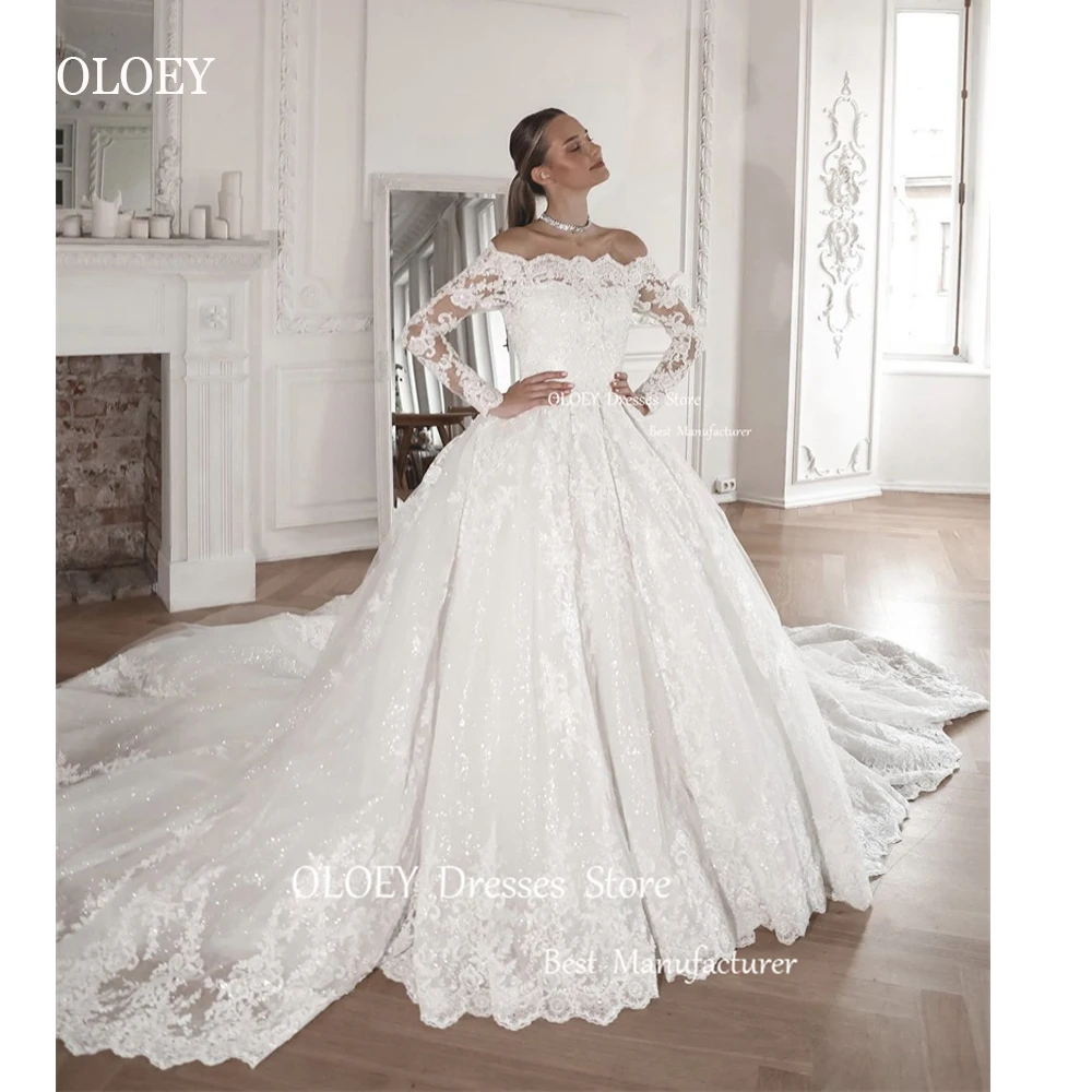 

OLOEY Sparkly A Line Lace Applique Wedding Dresses Off the Shoulder Long Sleeves Court Train Bridal Gowns Robe de mariage