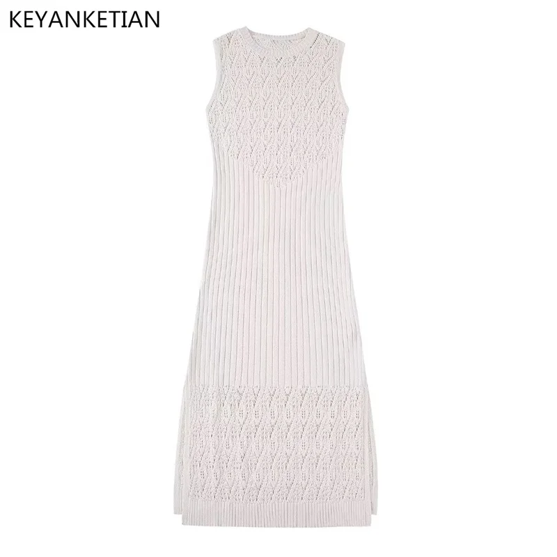 

KEYANKETIAN Summer New Hollowed Out Crochet Crewneck Sleeveless Knitted Dress Off-White Slim Long Vest Mini Skirt Women