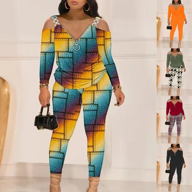 Women's New Off Shoulder Stitching Long Sleeve Printed Trousers Two-Piece Set Zipper V Neck Short Sleeve Top T Shirt Pants
Women's New Off Shoulder Stitching Long Sleeve Printed Trousers Two-Piece Set Zipper V Neck Short Sleeve Top T Shirt Pants