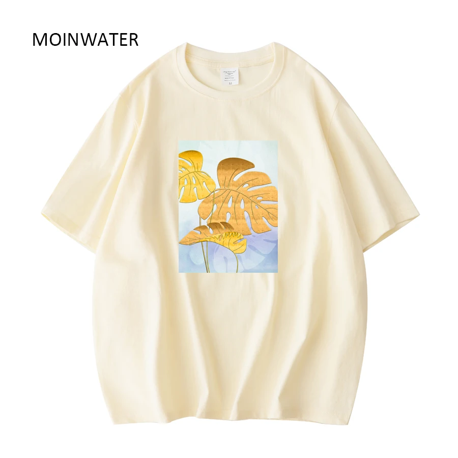 MOINWATER Fashio Golden Leaf Printed T shirts for Women Light Beige Female Summer Tees Lady Khaki Short Sleeve Tops MT2305
MOINWATER Fashio Golden Leaf Printed T shirts for Women Light Beige Female Summer Tees Lady Khaki Short Sleeve Tops MT2305