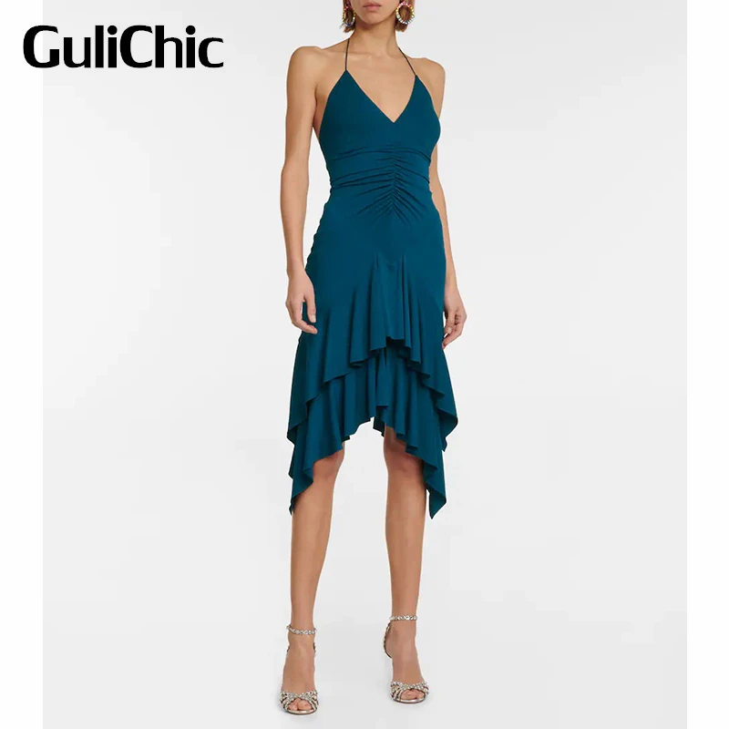3.10 GuliChic Ruched Slim Elegant Temperament Sexy Backless Ruffle Halter Suspender Dress Women 
3.10 GuliChic Ruched Slim Elegant Temperament Sexy Backless Ruffle Halter Suspender Dress Women