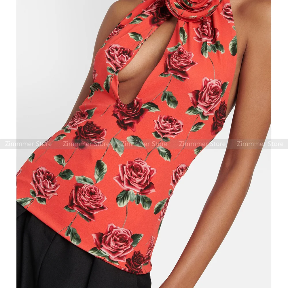 

23 spring and summer new niche design rose prints three-dimensional flowers hollow cutout bustless backless high neck tank tops