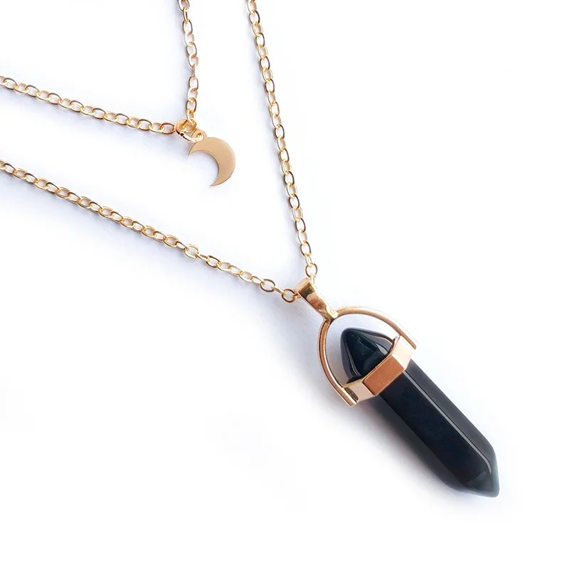 

Women Healing Chakra Obsidian Pointed Hexagonal Pendant Layered Crystal Moon Necklace Gold Metal Chain Choker Jewelry