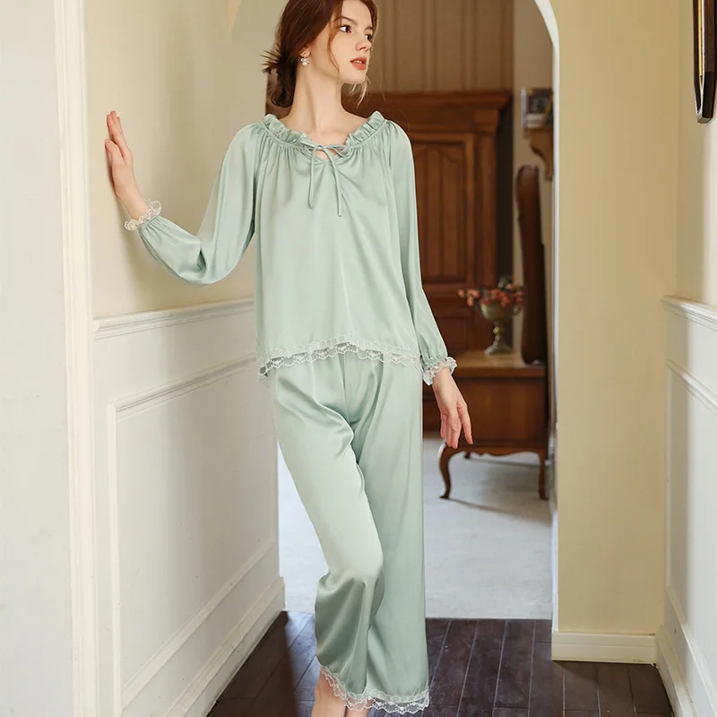 2 Piece Set Summer Women Silk Pajamas Solid Long Sleeve Lace Edge Lace-up Neckline Retro Home Clothing Women's Loungewear Pjs 
2 Piece Set Summer Women Silk Pajamas Solid Long Sleeve Lace Edge Lace-up Neckline Retro Home Clothing Women's Loungewear Pjs