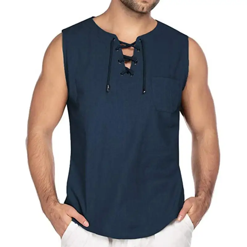 Cotton Linen Shirts Men's Casual Leeveless Vest Bandage Lace Up Blouse Retro V Neck Fashion Loose Shirt Male Solid Color Clothes
Cotton Linen Shirts Men's Casual Leeveless Vest Bandage Lace Up Blouse Retro V Neck Fashion Loose Shirt Male Solid Color Clothes
