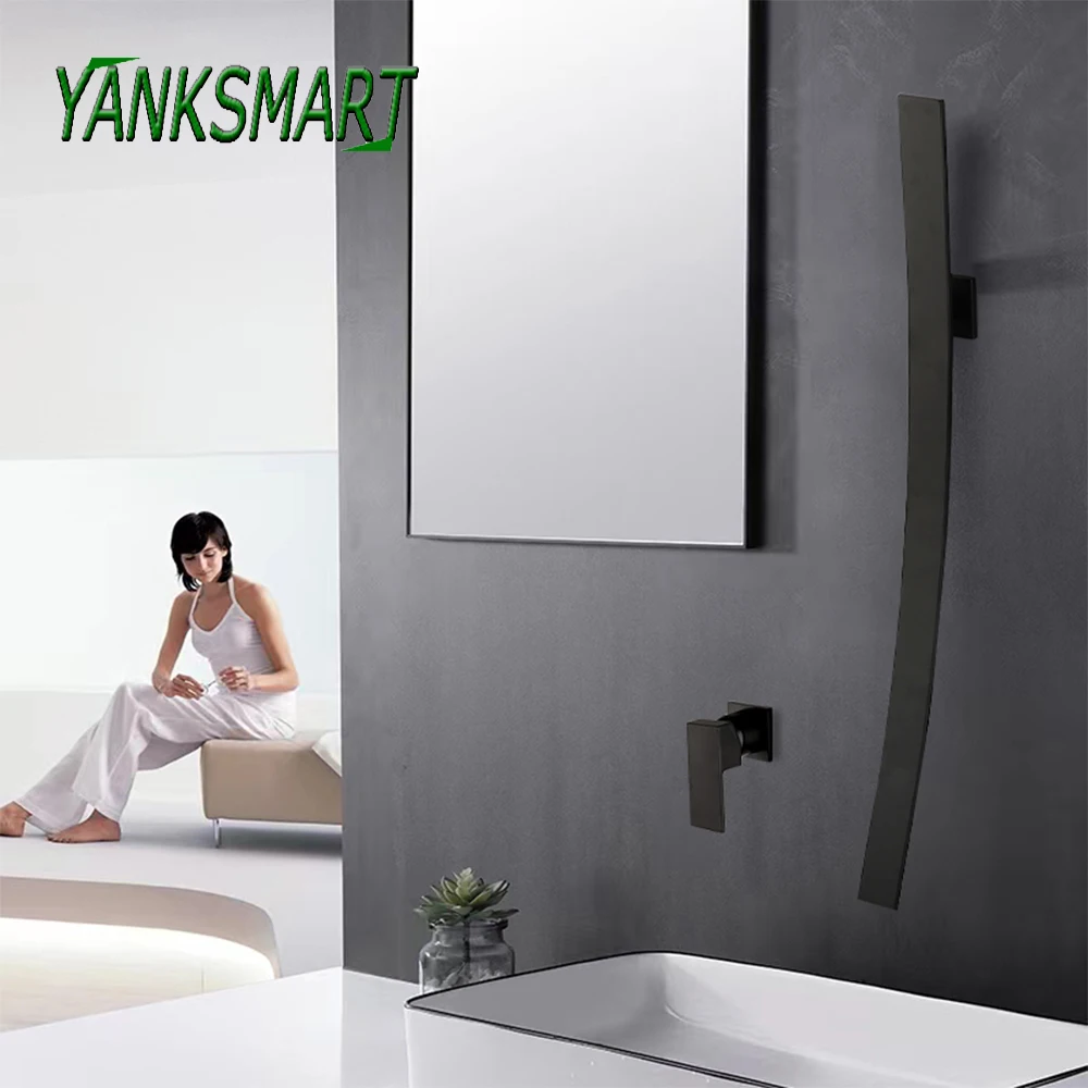 

YANKSMART Black Waterfall Spout Wall Mounted Bathroom Faucet Single Handle Concealed Basin Sink Faucets Cold Hot Water Tap Crane