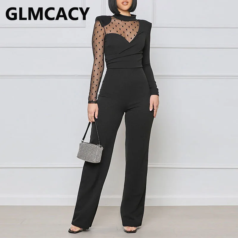 

Women Polka Dot Mesh Insert Slim Jumpsuit Long Sleeve Elegant Black Jumpsuit Overalls