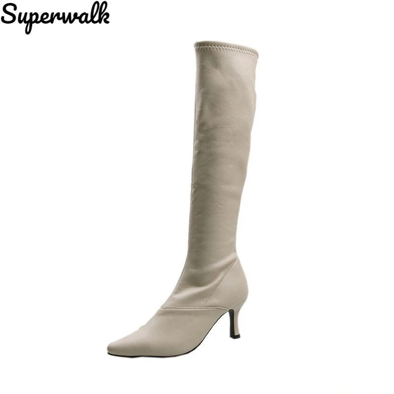 Женские сапоги до колена на платформе, из ПУ кожи, с острым носком 
Женские сапоги до колена на платформе, из ПУ кожи, с острым носком