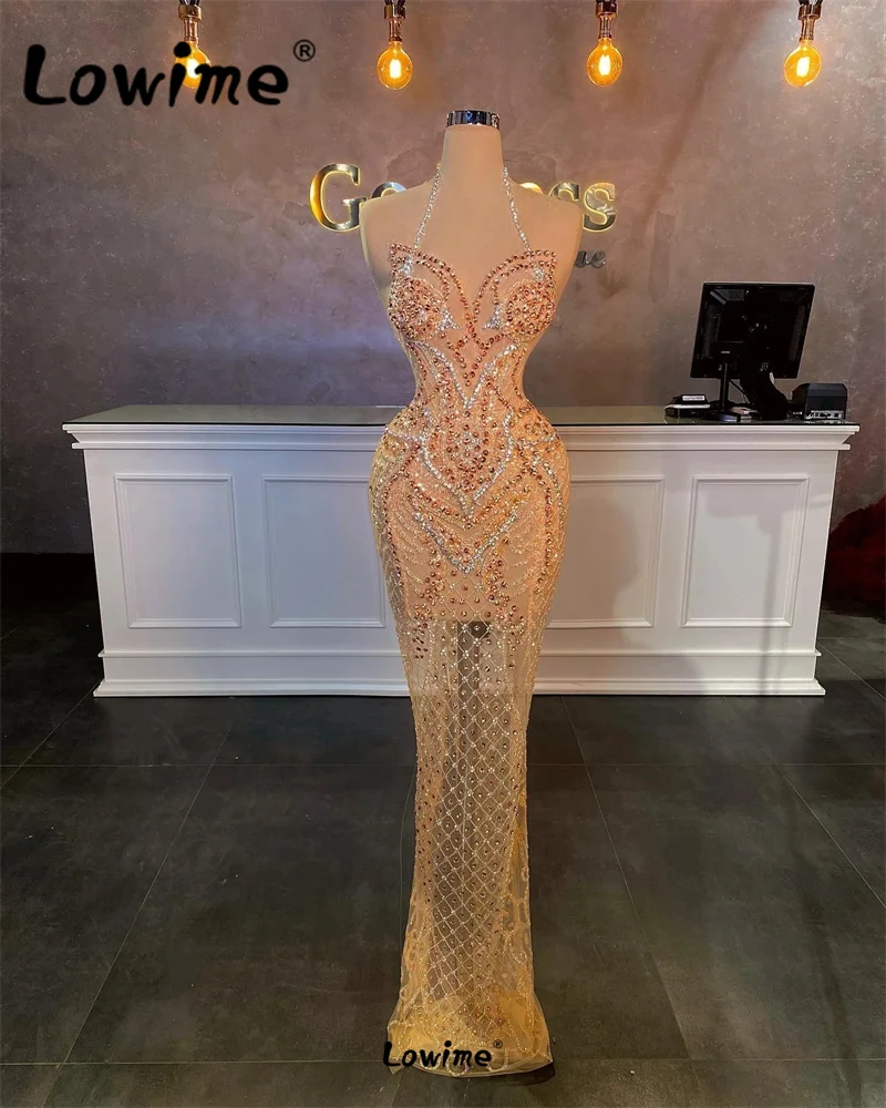 Champagne Luxurious Heavy Rhinestones Beaded Crystals Halter Evening Dress 2023 See Through Mermaid Wedding Party Dresses Robe
Champagne Luxurious Heavy Rhinestones Beaded Crystals Halter Evening Dress 2023 See Through Mermaid Wedding Party Dresses Robe