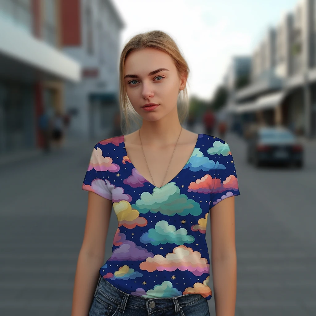 

Summer Ladies Exquisite and Beautiful V-neck T-shirt Color Cloud 3D Printing T-shirt Only Fashionable and Simple T-shirt