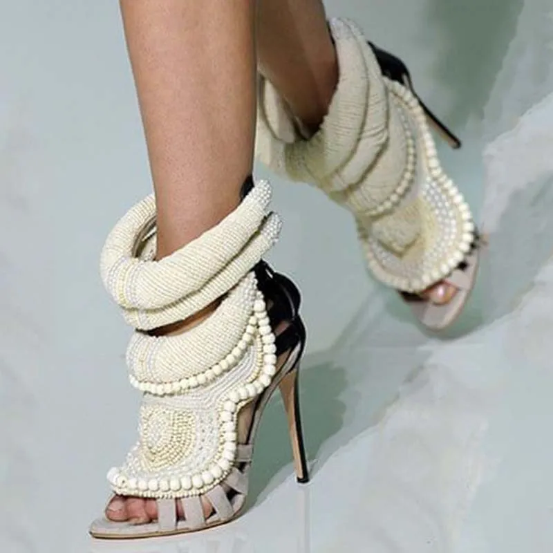 

Rome Sandals Summer 2023 Women Pearl Decor High Heels Sexy Stiletto Peep Toe Concise Rhinestone Design Catwalk Gladiator Sandals