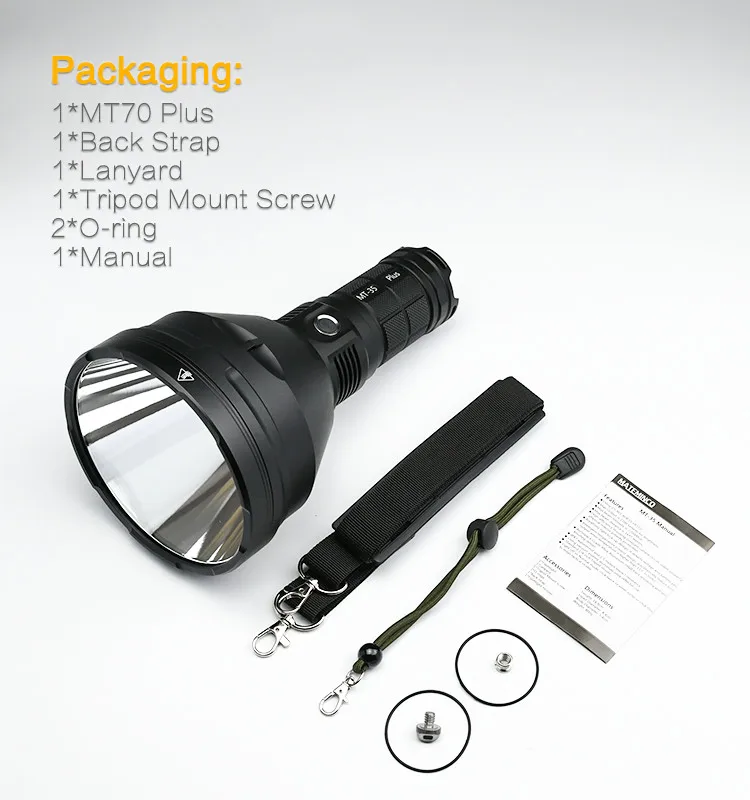 Mateminco MT70 6000 Lumens 1549 Meters Long Range Searchlight Hunting High Power Led Outdoor Flashlight Torch
Mateminco MT70 6000 Lumens 1549 Meters Long Range Searchlight Hunting High Power Led Outdoor Flashlight Torch