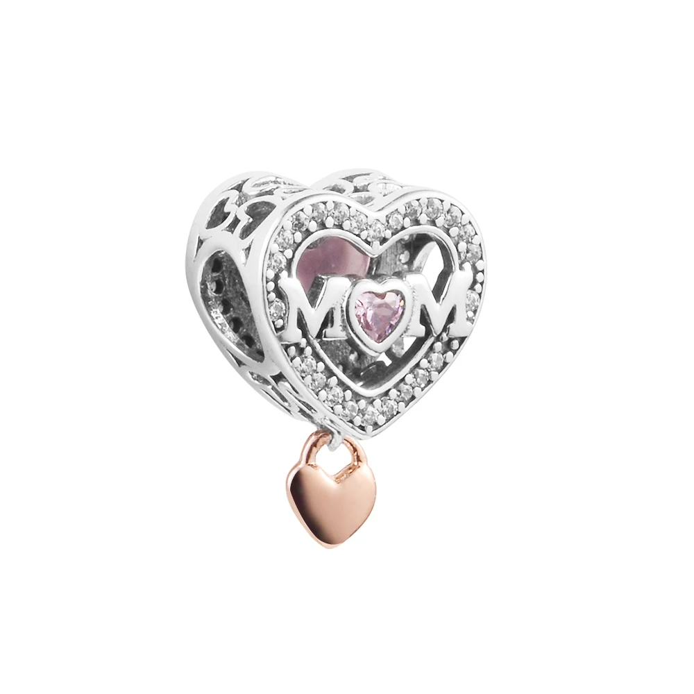 

Fits Pandora Bracelets Two-tone Openwork Mum & Heart Charm Original 925 Sterling Silver Beads for Jewelry Women Plate
