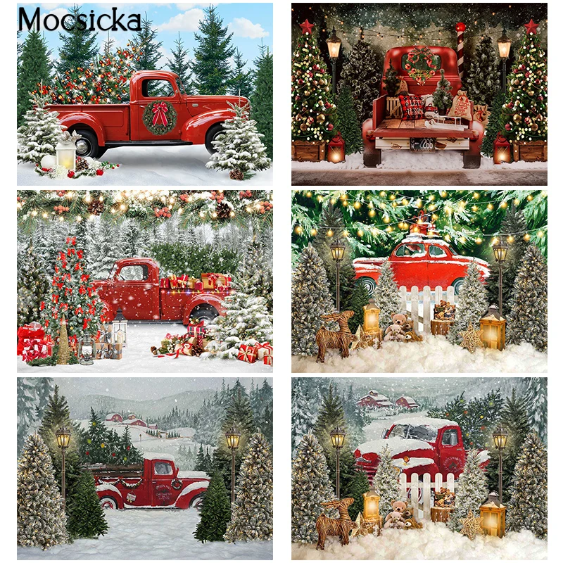 

Mocsicka Christmas Trees Photography Backdrops Snowy Forest Truck Decorations Background Kids Adults Portrait Photo Props Banner