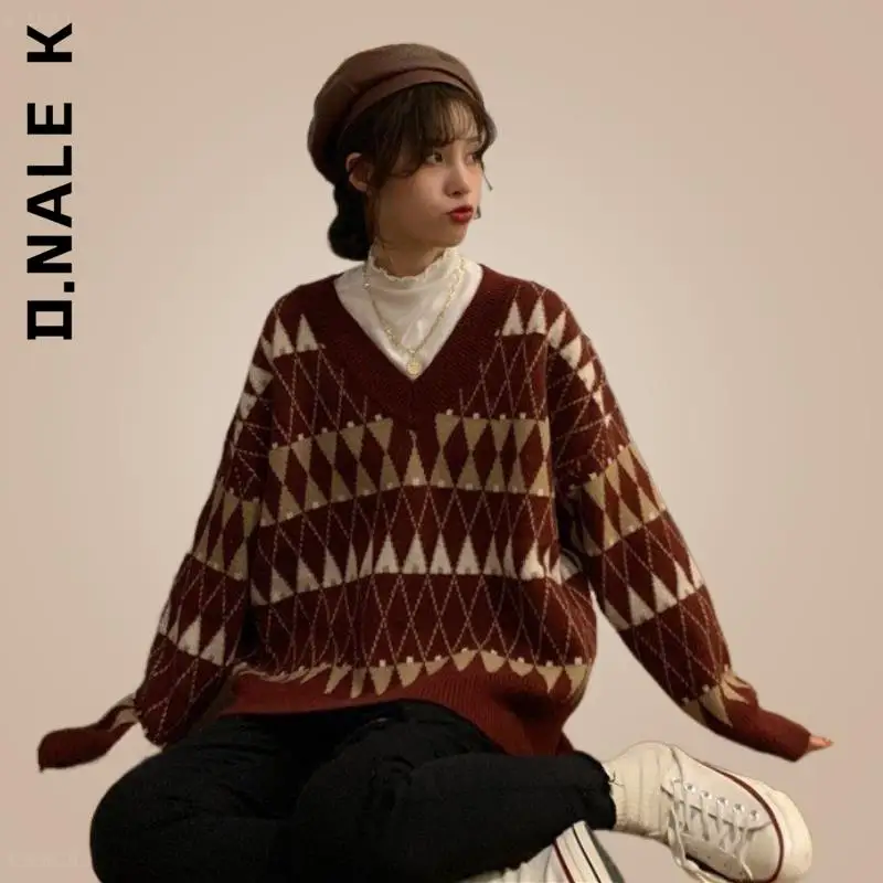 D.Nale K Sweaters Women Vintage Argyle Korean All-match Chic V-Neck Ladies Pullovers Student Lazy Style Popular Womens Sweater
D.Nale K Sweaters Women Vintage Argyle Korean All-match Chic V-Neck Ladies Pullovers Student Lazy Style Popular Womens Sweater