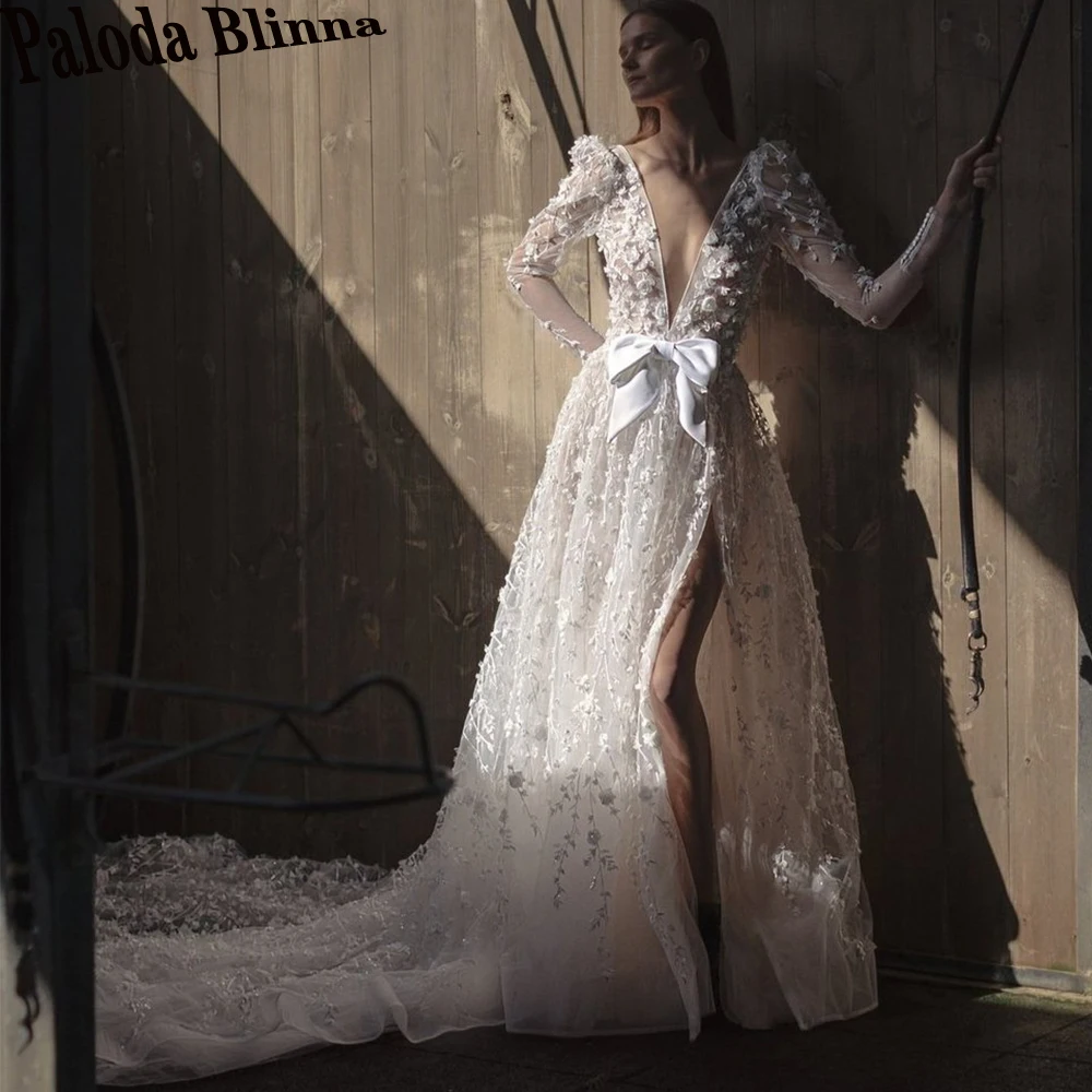 Paloda Stylish Deep V-Neck Wedding Dresses 2023 Bride Slit Bow Backless Long Sleeves Tulle Lace Appliques Button Sweep Train
Paloda Stylish Deep V-Neck Wedding Dresses 2023 Bride Slit Bow Backless Long Sleeves Tulle Lace Appliques Button Sweep Train