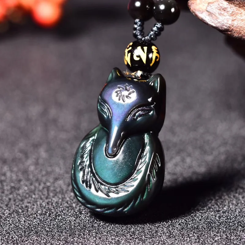 

Natural Rainbow Obsidian Hand Carved Nine Tailed Fox Jade Pendant Fashion Boutique Jewelry Men and Women's Fox Necklace Gift