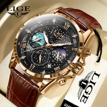 LIGE 남성용 비즈니스 남성용 쿼츠 손목시계, 가죽 방수 야광 날짜 시계, 럭셔리 캐주얼 시계, 크로노그래프, 신제품