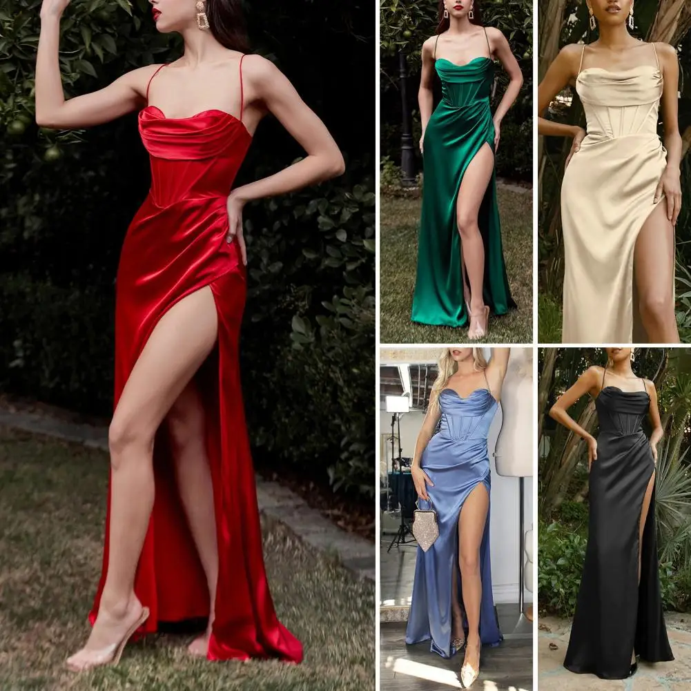 

Charming Sundress Side Split Smooth Satin Corset Spaghetti Straps Gown Dress Streetwear Maxi Dress Sling Dress