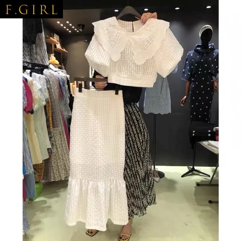 F GIRLS White Lace Crochet Crop Tops Peter Pan Collar Short Sleeve Shirts Women Slim Elegant Fishtail Skirts Sets Summer Outfits
F GIRLS White Lace Crochet Crop Tops Peter Pan Collar Short Sleeve Shirts Women Slim Elegant Fishtail Skirts Sets Summer Outfits
