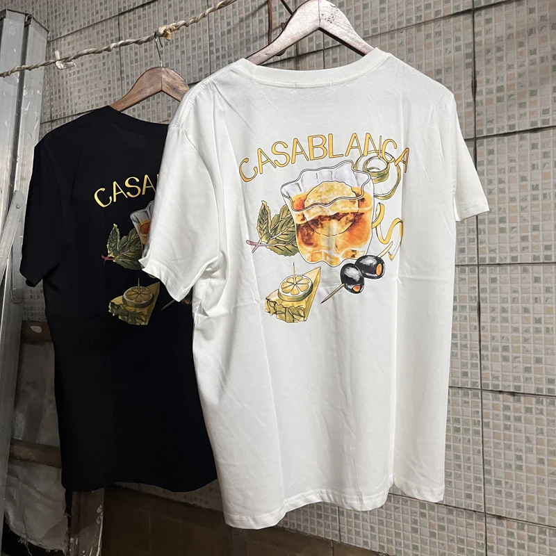 

Summer Stock CASABLANCA T-shirts High Quality Cotton Fruit Wine Cup Cake Letter Print Short Sleeve Casa T Shirt for Men Women