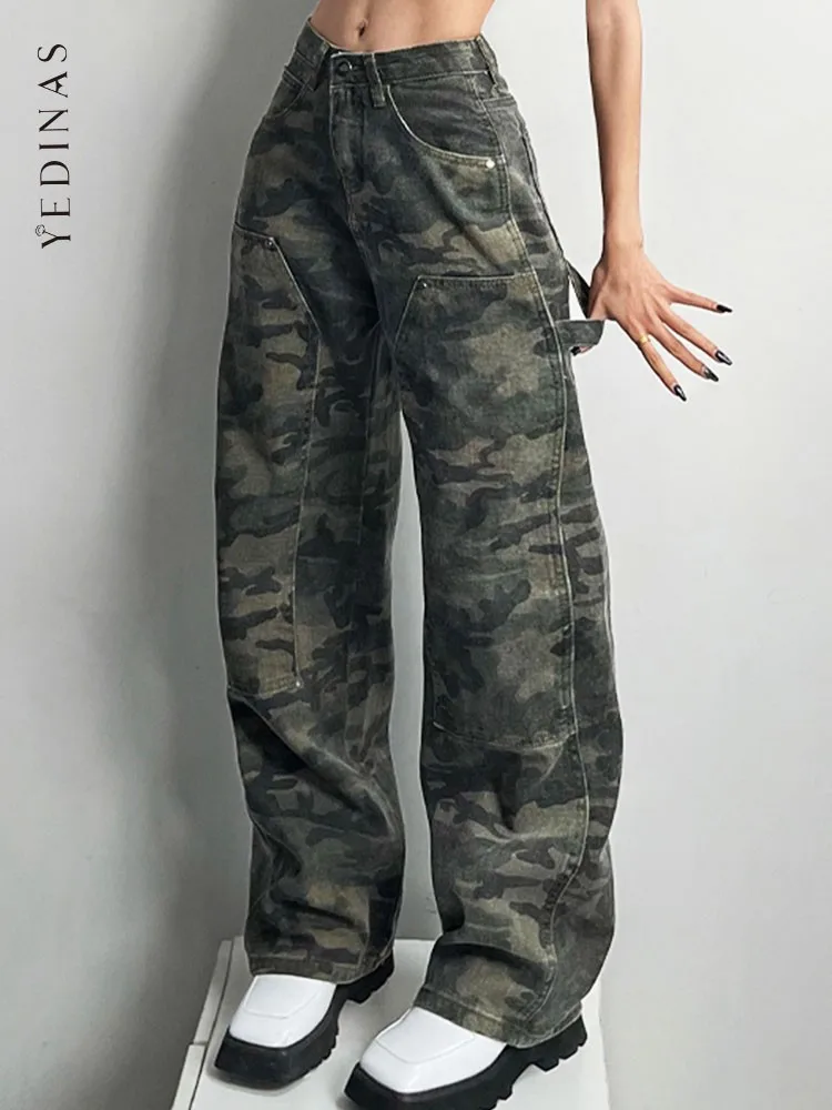 Джинсы Yedinas женские камуфляжные с завышенной талией, прямые джинсы в уличном стиле, женские брюки-карго из 100% хлопка, корейский стиль, повседневные, новинка 2022