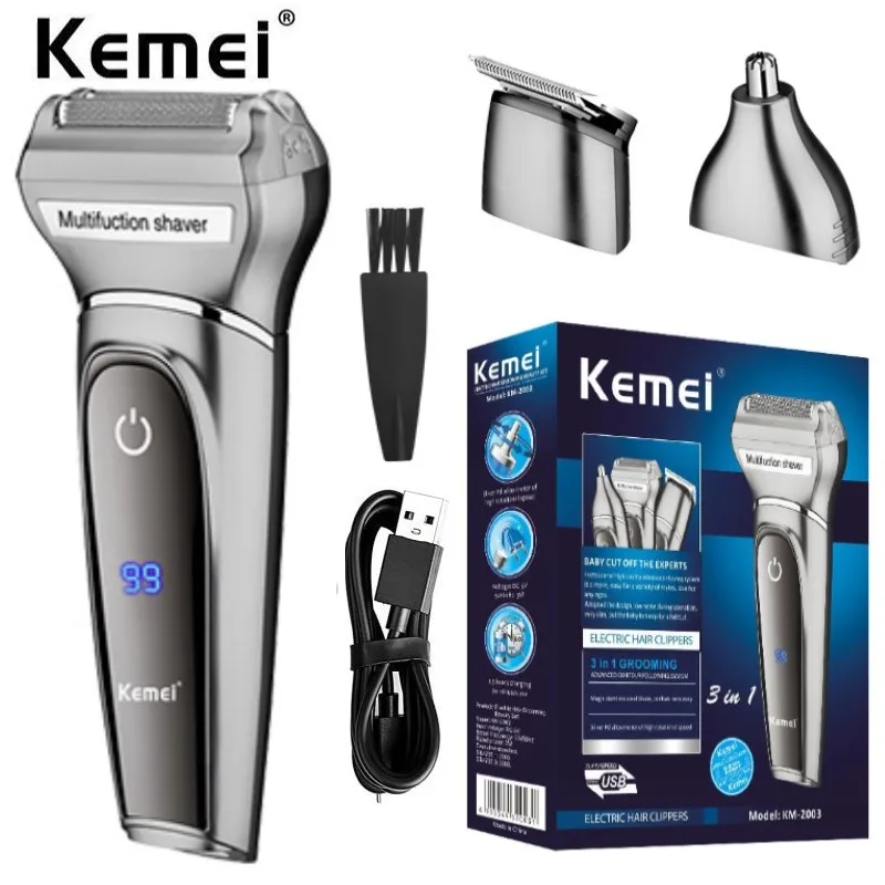 

Kemei 3 In 1 Powerful Electric Shaver Facial Body Hair Trimmer Beard Shaving Machine Razor Nose Ear Hair Trimmer for Men KM-2003