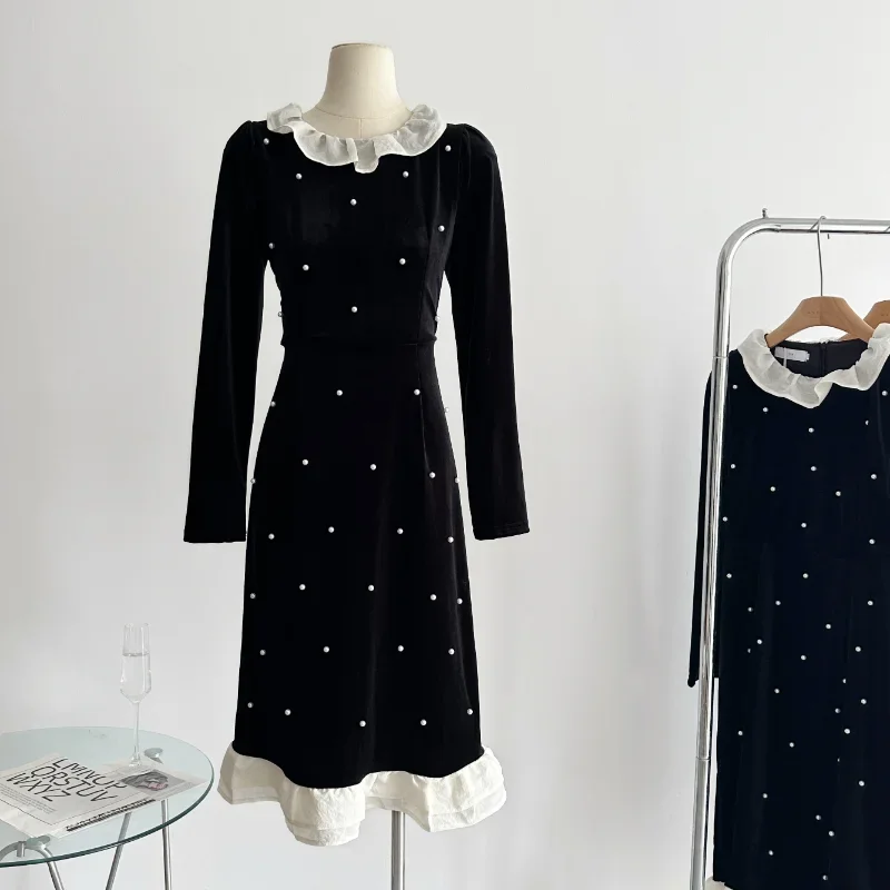 

Женское винтажное бархатное платье, элегантное черное платье с жемчужным кружевным воротником и длинным рукавом, милое модное цельное французское шикарное платье