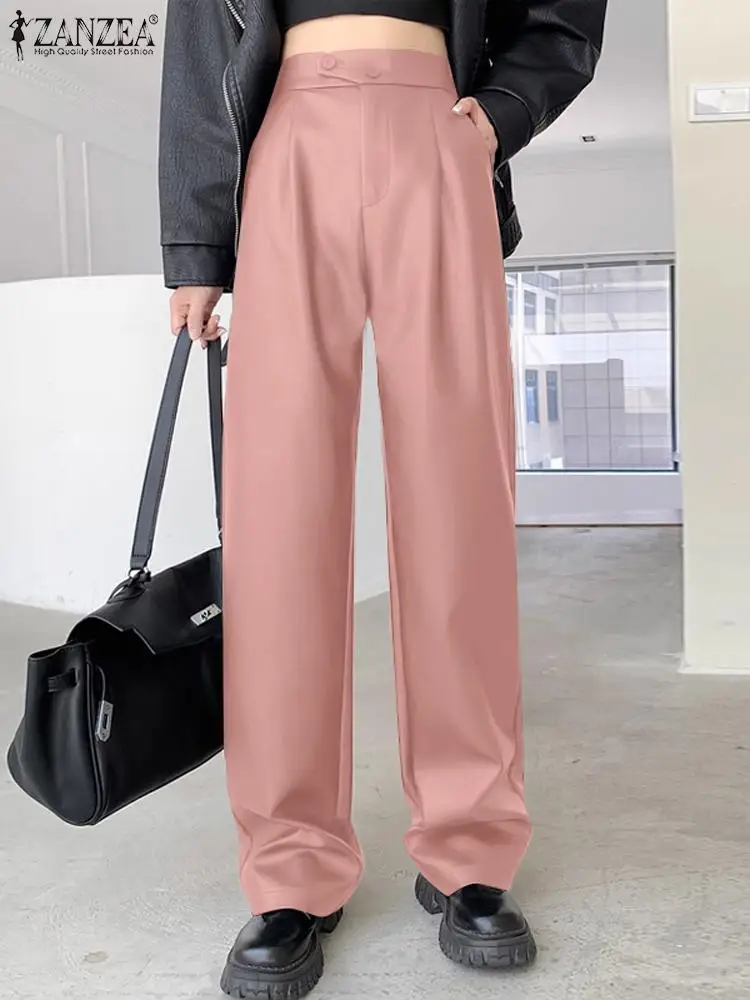 

Women Pleating Trouser 2023 New Fashion Leather Long Pants ZANZEA Autumn PU High Waist Pocket Pantalons Korean Style Bottoms