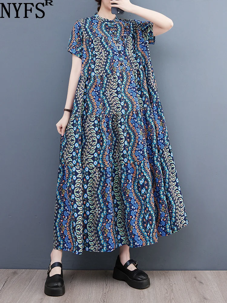 

NYFS 2023 Summer New Korea Fashion Woman Dress Vestidos Robe Elbise Loose Plus Size Short Sleeve Print Patchwork Hem Shirt Dress
