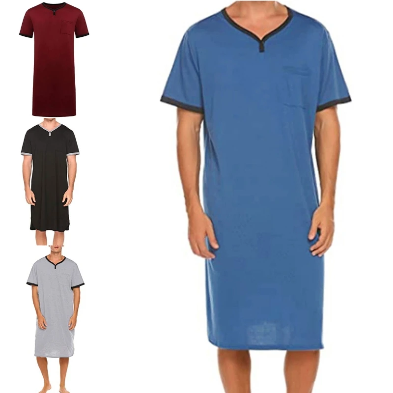 

Men Sleep Robes Muslim Clothing Short Sleeves Bathrobes Loose Cozy Cotton Nightgown Solid Pajamas Vintage Homewear Gifts