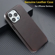 R​etro Cowhide Genuine Leather Case For iPhone 12 13 14 Pro 14Pro Max Wireless Magnetic Ring Full Protective Business Back Cover