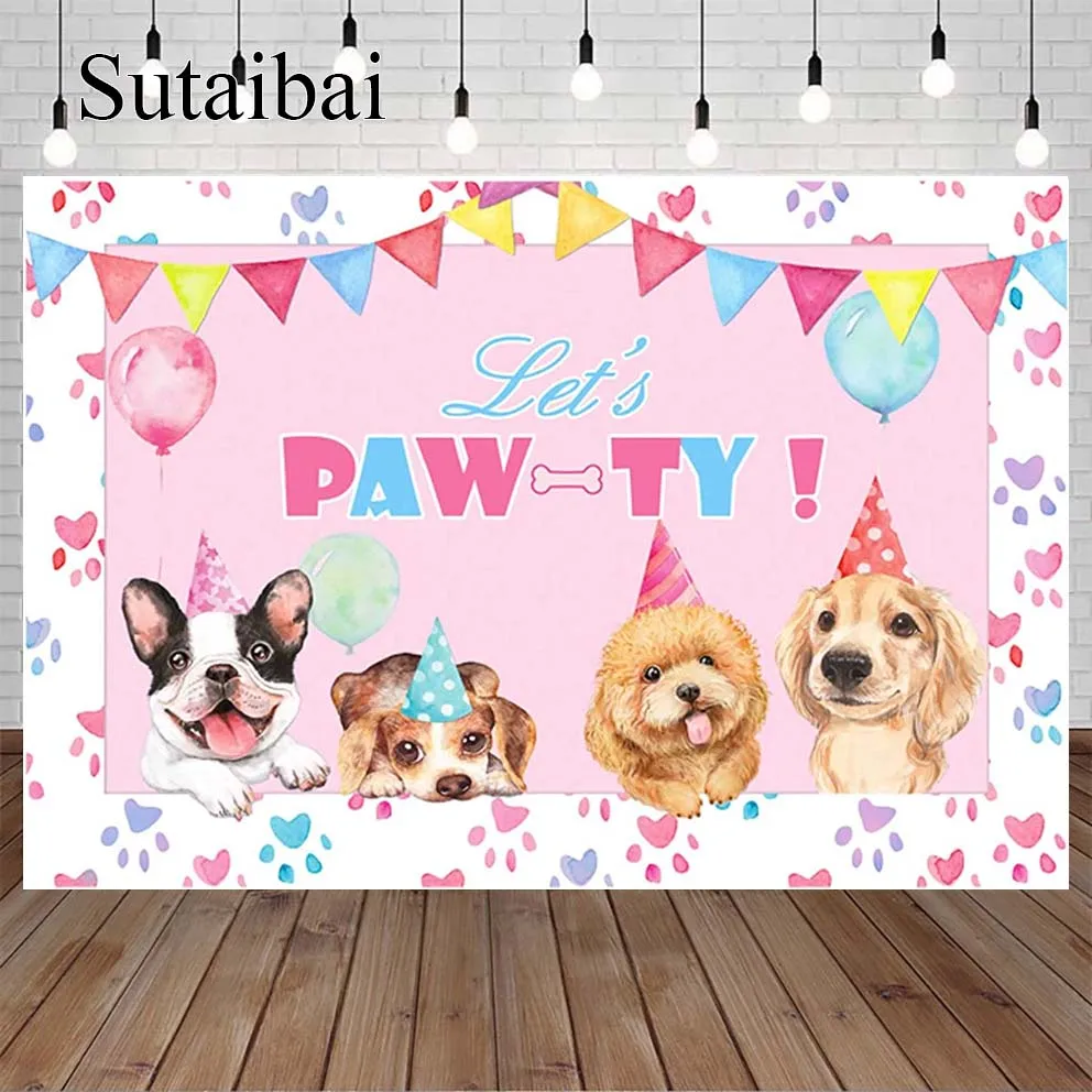

Puppy Dog Birthday Party Backdrop Let's Paw-ty Theme Paw Prints Doggy Pet Pink and Blue Supplies Photo Decorations Booth