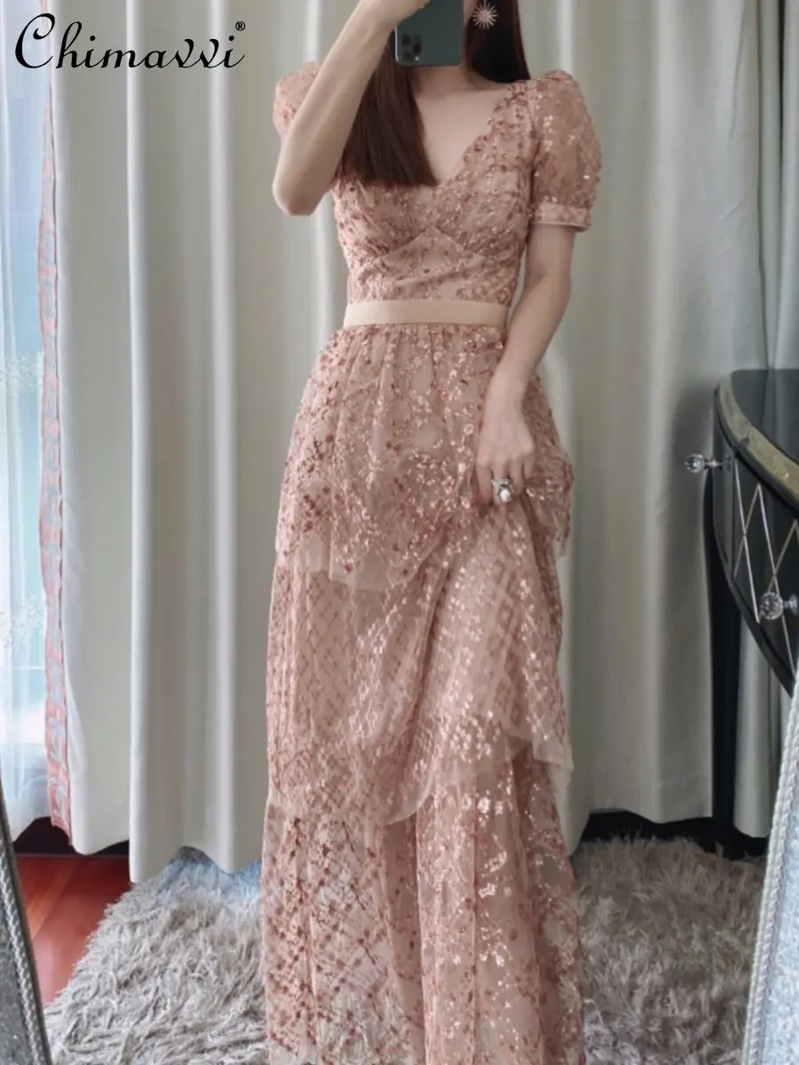 Summer Women's Mesh Sequin Embroider Gold Layer Cake Long Dress Lady Evening Dress Sexy V-neck Puff Short Sleeve Dress Women
Summer Women's Mesh Sequin Embroider Gold Layer Cake Long Dress Lady Evening Dress Sexy V-neck Puff Short Sleeve Dress Women