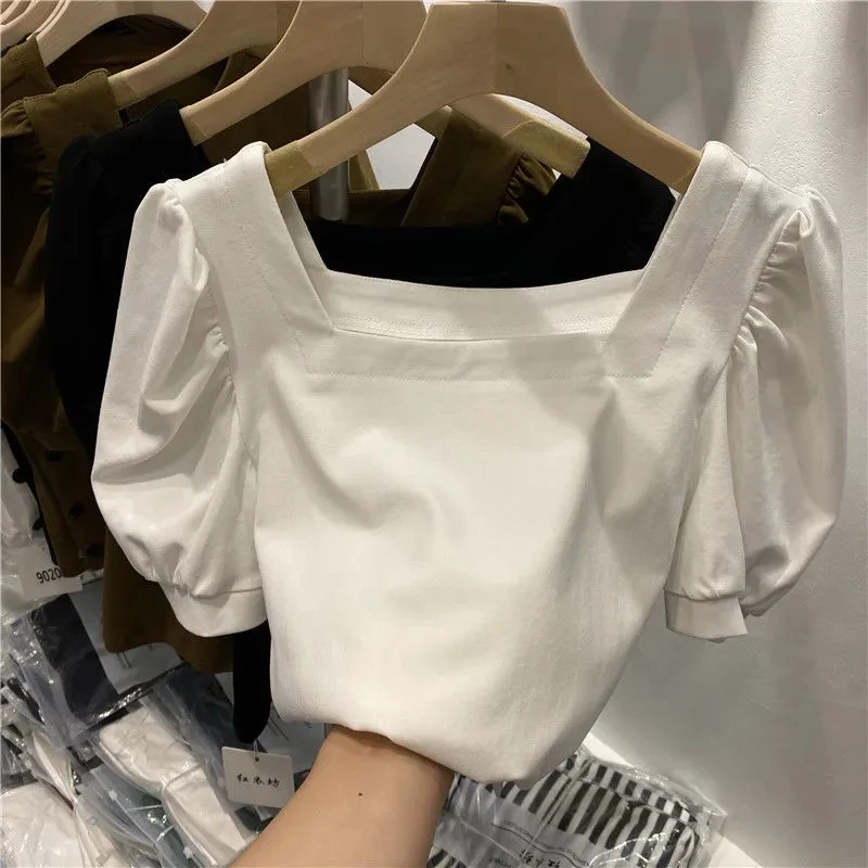 Square neck bubble sleeve short sleeve T-shirt women's summer new solid color tops P3 773
Square neck bubble sleeve short sleeve T-shirt women's summer new solid color tops P3 773