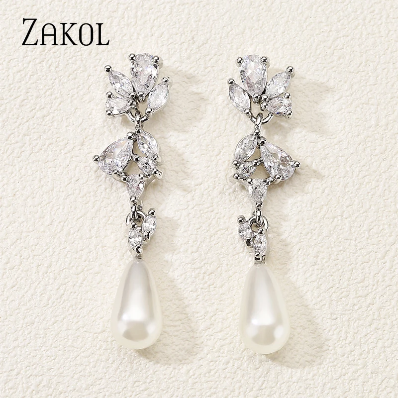 ZAKOL Brand Leaf Cubic Zirconia Long Drop Earrings for Elegant Women Exquisite Water Drop Imitation Pearls Wedding Jewelry EP114
ZAKOL Brand Leaf Cubic Zirconia Long Drop Earrings for Elegant Women Exquisite Water Drop Imitation Pearls Wedding Jewelry EP114