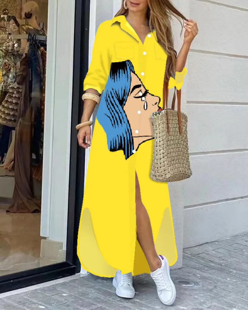 New Long Shirt Dress Women Yellow Single Breasted Button Lapel Long Sleeve Dress Spring Summer Human Face Print Robe Dresses 
New Long Shirt Dress Women Yellow Single Breasted Button Lapel Long Sleeve Dress Spring Summer Human Face Print Robe Dresses
