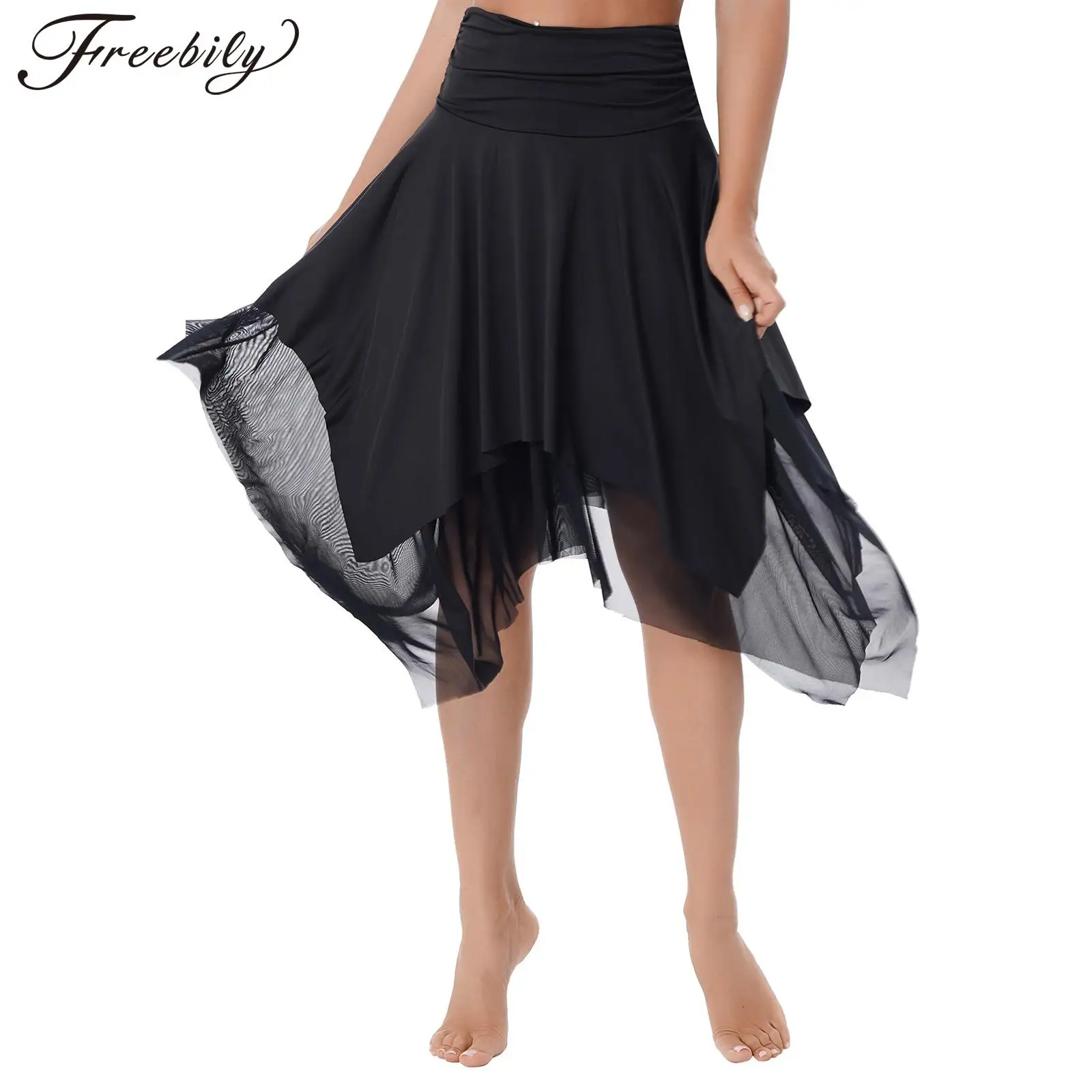 

Womens Pure Black Ruffled 2 Layers Mesh Breathable Lyrical Dance Skirts Ruched Waistband Asymmetrical Hem Skirts for Belly Dance