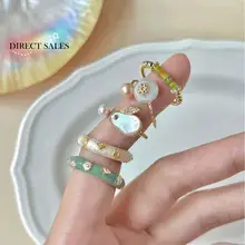 Korean Style Rabbit Rings Enamel Finger Ring Women French Cute Irregular Pearl Imitation Jade Open Ring Fashion Jewelry