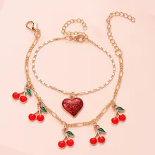 Romantic Sweet Girl Red Heart Cherry Bracelet for Women Simple Gold Color Adjustable Banana Apple Charm Bracelet Anklets Jewelry