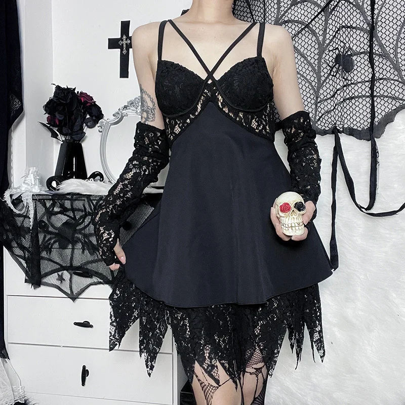 2022 Suspender A-line Gothic Style Women's Dress Temperament Out Dress With Hanging Belt Skirt Sexy Lace Patch Dress
2022 Suspender A-line Gothic Style Women's Dress Temperament Out Dress With Hanging Belt Skirt Sexy Lace Patch Dress